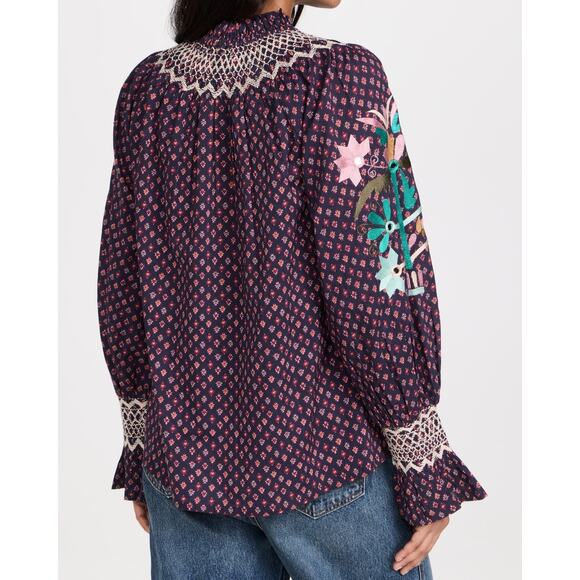 FIGUE Charlie Embroidered Peasant Top in Foulard Mini Berry Size L - Picture 2 of 10